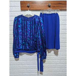 Lisa Michaels  Blue Vintage 80's 2 Piece Set Floral Sheer Skirt Suit Size 8